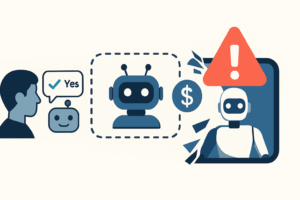 Ilustración de un agente de IA sin límites rompiendo barreras digitales, con iconos de control humano y advertencia de riesgo.