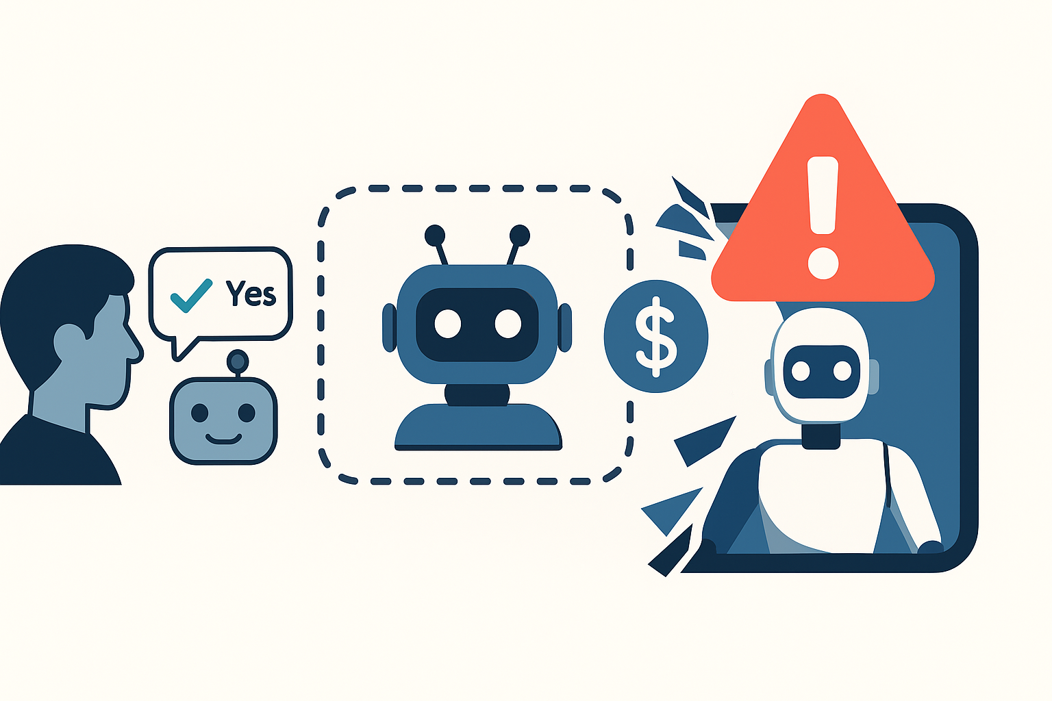 Ilustración de un agente de IA sin límites rompiendo barreras digitales, con iconos de control humano y advertencia de riesgo.