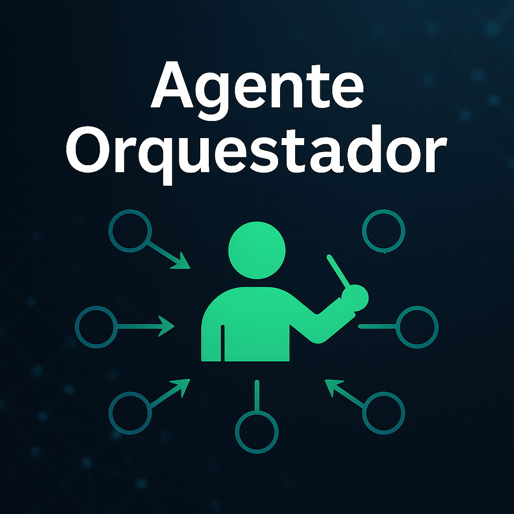 Ilustración de un agente orquestador de IA conectando múltiples sistemas y agentes digitales en un entorno tecnológico.