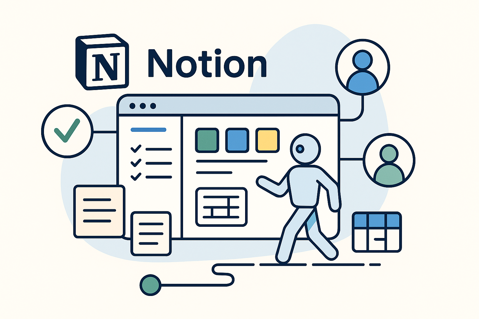 Ilustración de Notion como espacio de trabajo todo-en-uno, con tableros, tareas y colaboración en equipo.