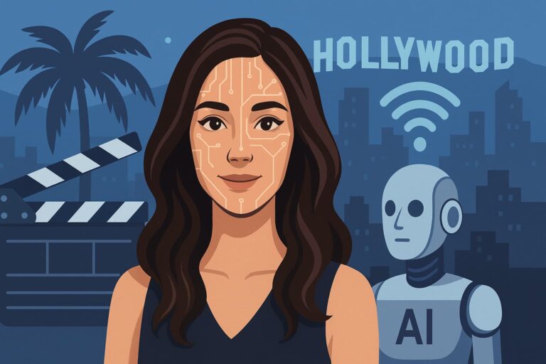 Ilustración conceptual de Tilly Norwood, la primera actriz AI en Hollywood, representada en un escenario futurista con luces y elementos digitales.