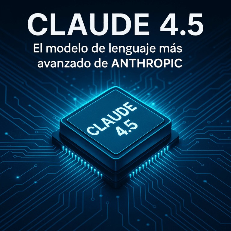 Ilustración futurista de Claude 4.5 de Anthropic, modelo de lenguaje AI avanzado con cerebro digital y flujos de datos en tonos azul y violeta.