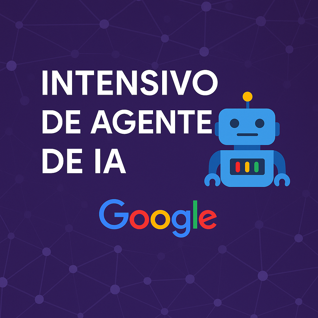 intensivo de agentes de IA de Google con robot azul, red de nodos y logo de Google sobre fondo púrpura