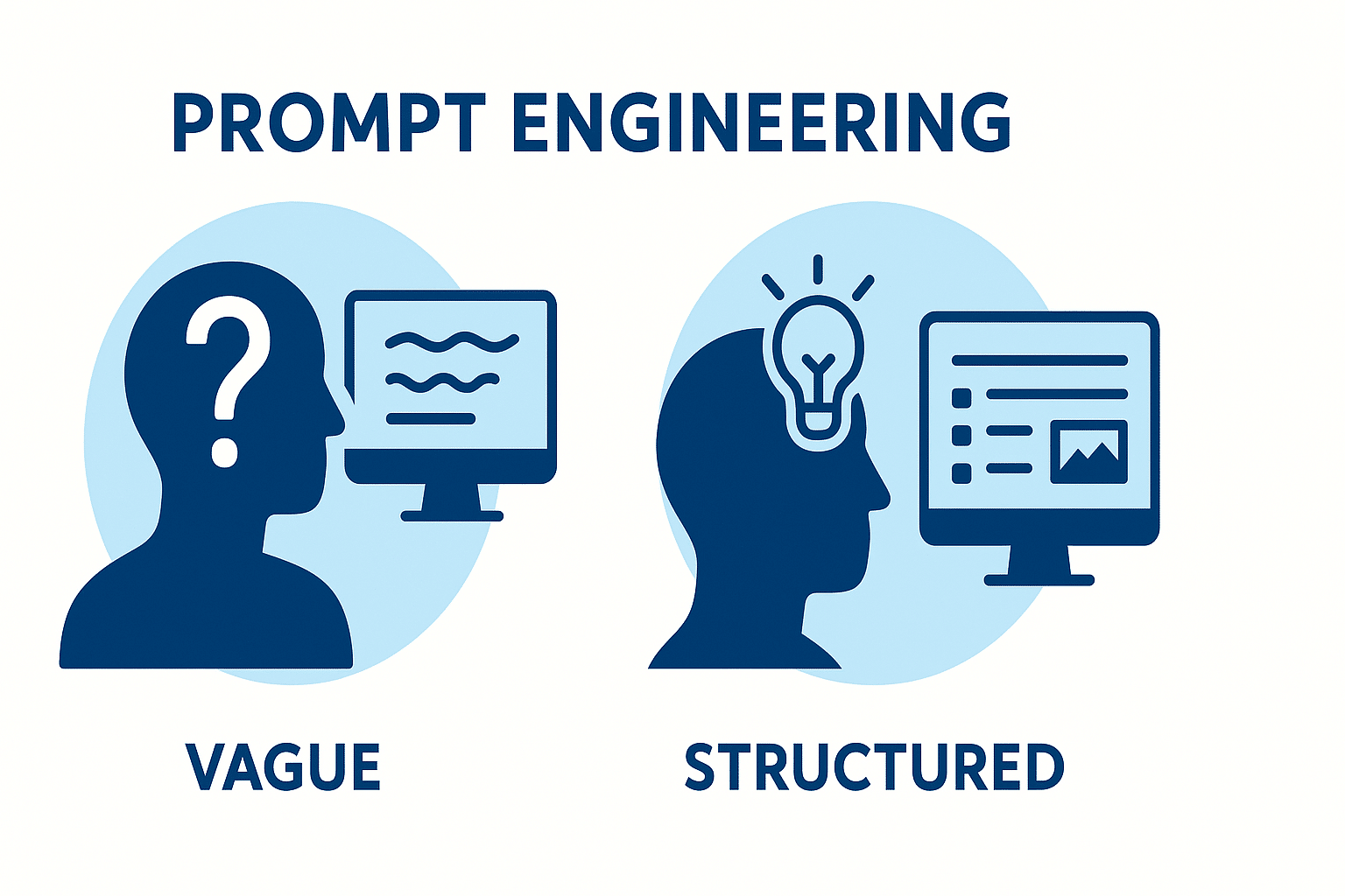 Ilustración comparativa que muestra un prompt débil frente a un prompt bien estructurado, destacando cómo mejora la calidad de las respuestas de la IA cuando se aplican técnicas de Prompt Engineering.