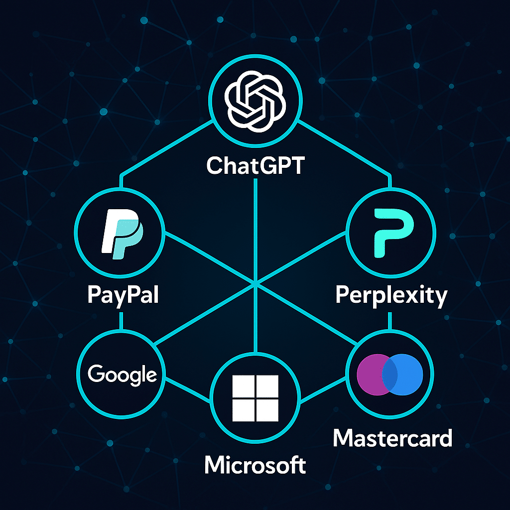 Ilustración de alianzas entre ChatGPT, PayPal, Perplexity, Visa, Mastercard, Microsoft y Google conectadas por IA.