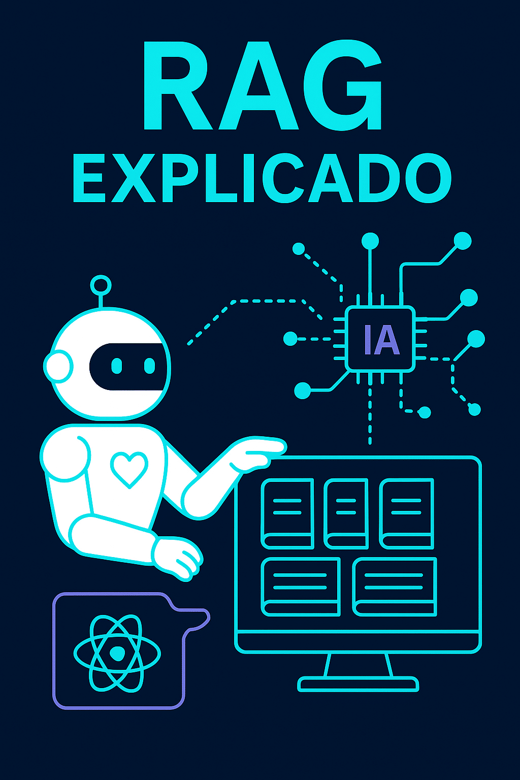 Ilustración conceptual del sistema RAG en inteligencia artificial mostrando búsqueda en base vectorial y generación de respuestas precisas.