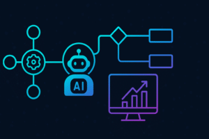 lustración conceptual de agentes de IA actuando de forma proactiva en un flujo de trabajo empresarial: un agente central analiza datos, ejecuta decisiones y activa procesos automáticamente, representado con líneas conectadas a un monitor con métricas en crecimiento. Estilo vectorial en colores turquesa, azul eléctrico y violeta sobre fondo oscuro.
