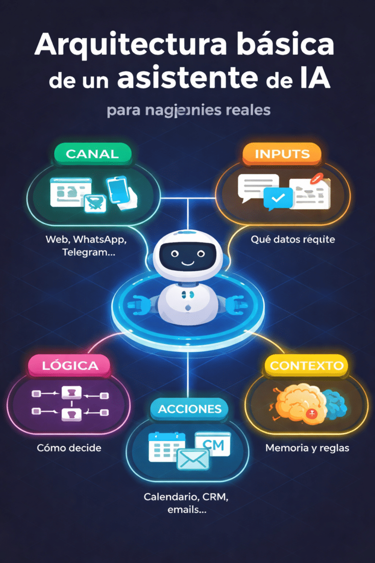 Arquitectura básica de un asistente de IA con canales, lógica, contexto y acciones