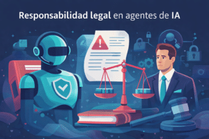Ilustración de un agente de IA junto a símbolos legales que representan el riesgo y la responsabilidad legal en empresas