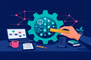 Empresario analizando un flujo de trabajo de agentes de IA autónomos estratégicos.