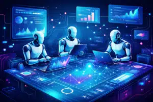 Diagrama conceptual de orquestación de agentes de IA autónomos en una red inteligente colaborativa.