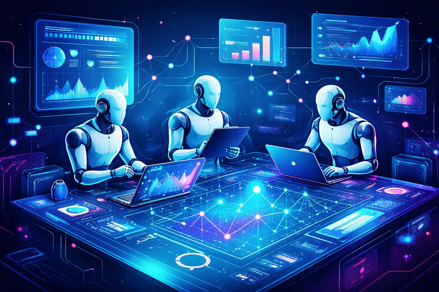 Diagrama conceptual de orquestación de agentes de IA autónomos en una red inteligente colaborativa.