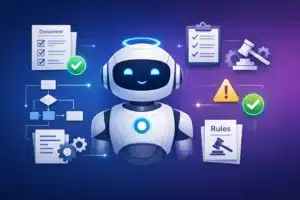 Ilustración de un agente de IA rodeado de documentos, reglas y flujos de decisión bien definidos