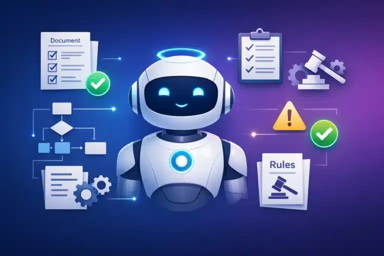 Ilustración de un agente de IA rodeado de documentos, reglas y flujos de decisión bien definidos