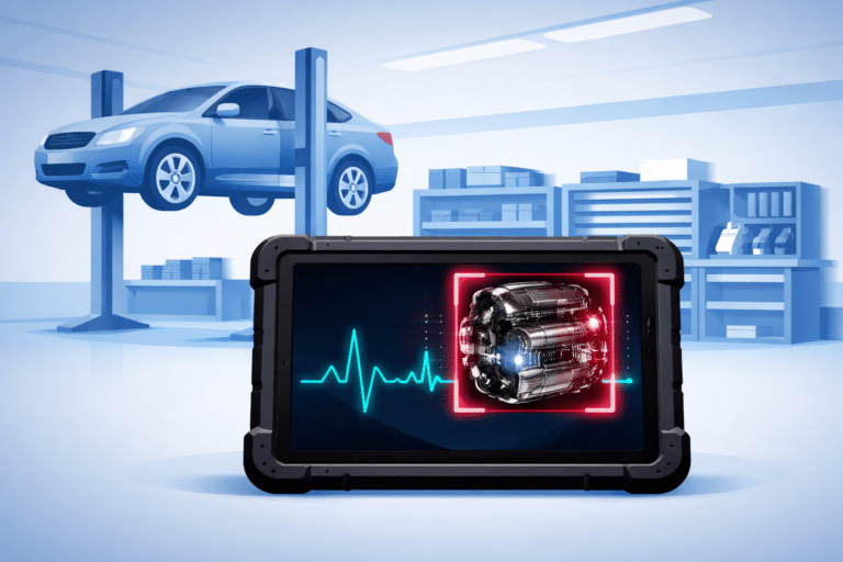 Agente de IA analizando el sonido de un motor y una foto de avería para un taller mecánico.