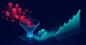 Ilustración isométrica futurista que muestra cómo la automatización y la IA transforman el caos operativo en crecimiento empresarial mediante gráficos y flujos digitales.