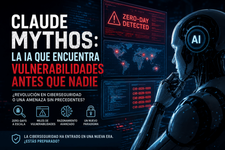 Ilustración futurista de una inteligencia artificial analizando vulnerabilidades zero-day en pantallas holográficas de ciberseguridad con alertas críticas y mapas de ataques globales.